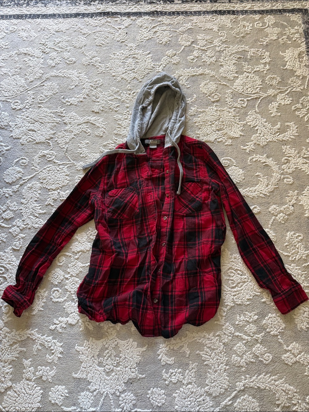 Natural Reflections Red and Black Plaid Button-Down Shirt with Gray Hood